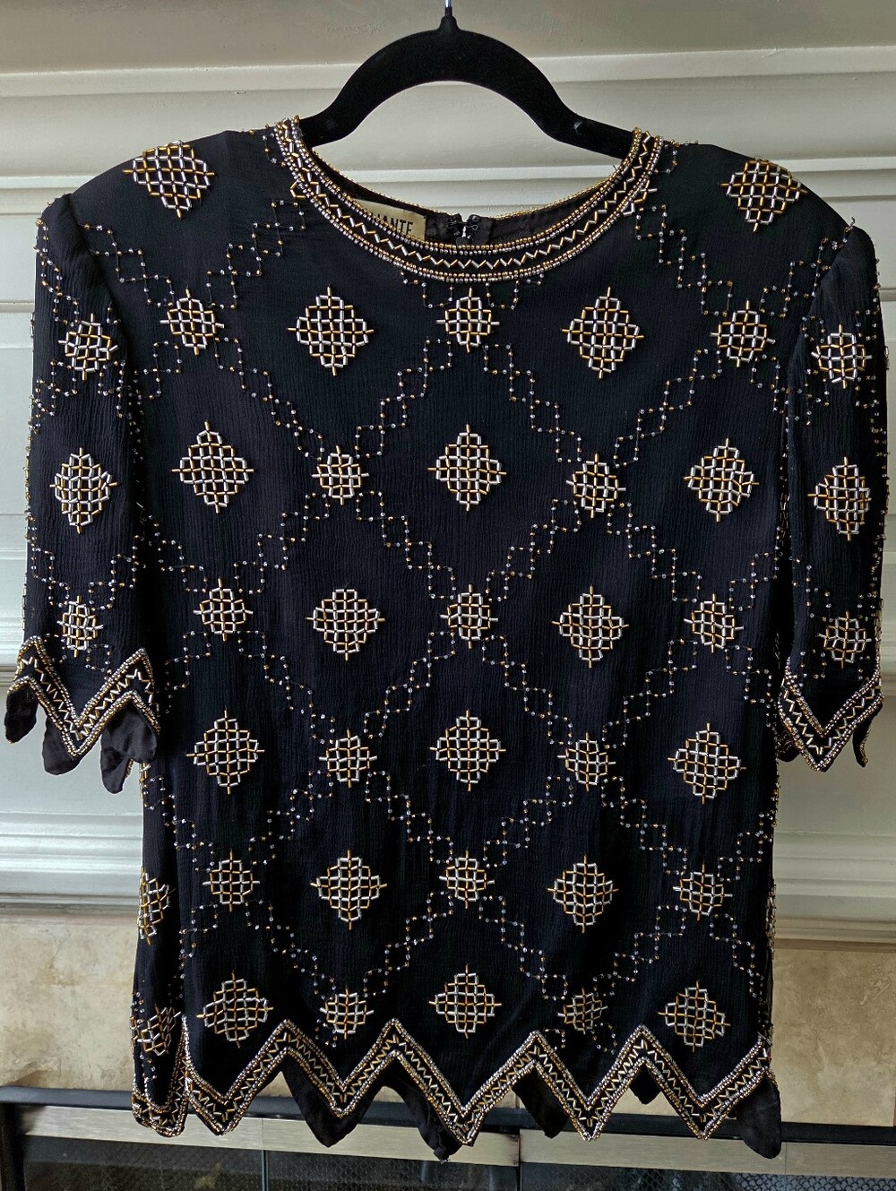 Vintage Black Silk Beaded Evening Top Art Deco XL